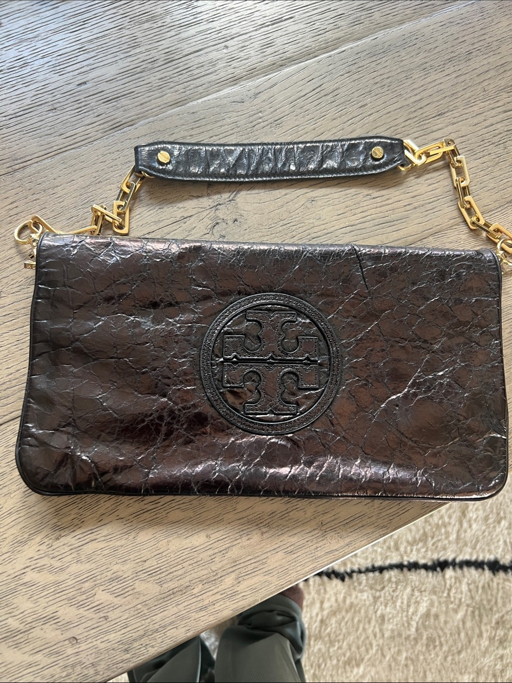 Tory Burch Black Crinkled Leather Logo Chain Wristlet